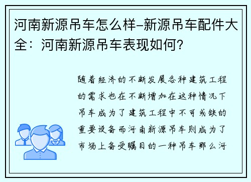 河南新源吊车怎么样-新源吊车配件大全：河南新源吊车表现如何？