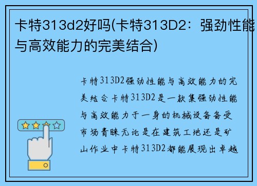 卡特313d2好吗(卡特313D2：强劲性能与高效能力的完美结合)